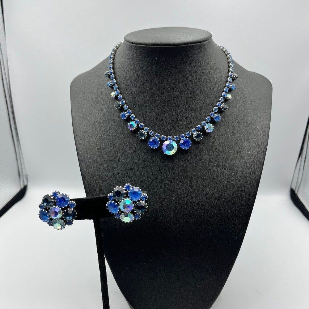 woman's Stunning AB blue rhinestone glass prong set Necklace and earrings set